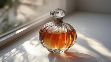 Elegant glass perfume bottle with wooden cap displayed on a smooth beige surface photo