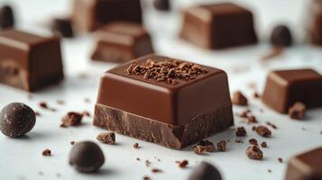 Delicious dark chocolate pieces and cocoa nibs on a white background for dessert lovers photo
