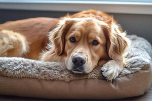 Golden retriever resting peacefully on cozy bed in a sunny room at midday photo