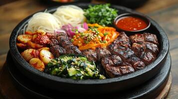 Grilled beef platter served with assorted vegetables and traditional Korean side dishes at a dining table photo