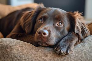 Golden retriever resting peacefully on cozy bed in a sunny room at midday photo