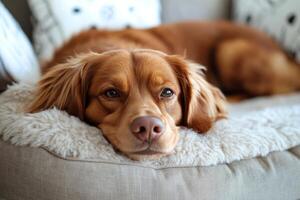 Golden retriever resting peacefully on cozy bed in a sunny room at midday photo