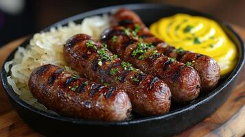 Grilled sausages served with sauerkraut and mustard on a black plate photo