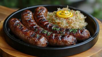 Grilled sausages served with sauerkraut and mustard on a black plate photo