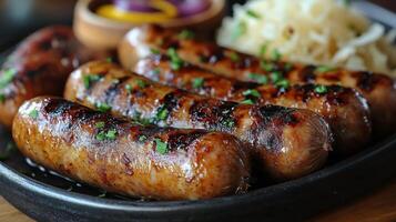 Grilled sausages served with sauerkraut and mustard on a black plate photo