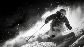 Ski enthusiast enjoying powder snow in a mountain resort during a sunny winter day photo