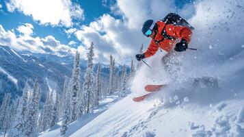 Skiing downhill in a winter wonderland with snow-capped mountains in the background photo