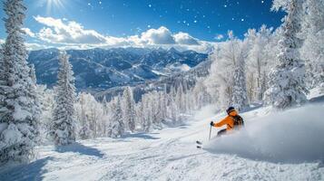 Ski enthusiast enjoying powder snow in a mountain resort during a sunny winter day photo