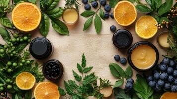 Natural skincare ingredients arranged with citrus fruits and leaves for a tranquil aesthetic photo