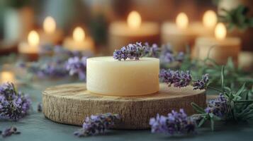 Lavender flowers and calming skincare products displayed on a wooden table in a serene environment photo