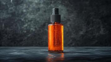 Amber glass spray bottle filled with liquid displayed against a dark background photo