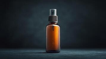 Amber glass spray bottle filled with liquid displayed against a dark background photo