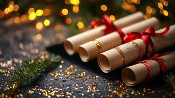 Decorative scrolls with red ribbons on a table highlighted by festive lights and glitter photo