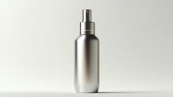 Silver spray bottle on a light background with a sleek design for cosmetics or personal care products photo