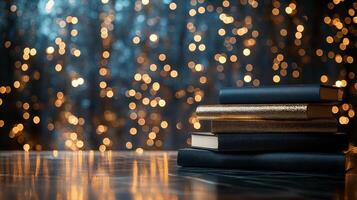 Decorative scrolls with red ribbons on a table highlighted by festive lights and glitter photo