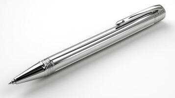Elegant silver writing pen resting on a clean white surface with sleek design and fine details photo