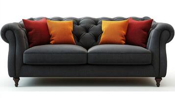 Cozy modern living room featuring a stylish curved sofa and elegant decor in warm tones photo