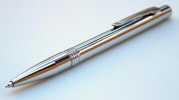 Elegant silver writing pen resting on a clean white surface with sleek design and fine details photo