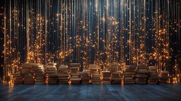 Decorative scrolls with red ribbons on a table highlighted by festive lights and glitter photo