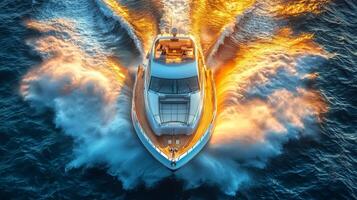 Luxury yacht cruising in ocean waves at sunset with vibrant sky colors photo