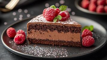 Delicious chocolate cake slice topped with fresh raspberries and mint garnish for dessert lovers photo