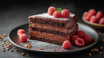 Delicious chocolate cake slice topped with fresh raspberries and mint garnish for dessert lovers photo