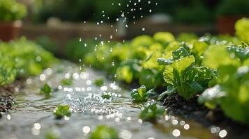 Gardening in a lush vegetable patch with water splashing on fresh green lettuce leaves photo