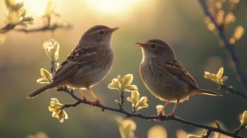 Beautiful sparrows perched on blossoming branches during golden hour photo