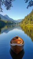 Canoe resting peacefully on the shore of a tranquil lake surrounded by lush green trees photo