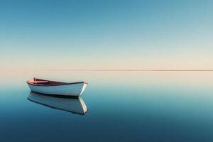 Calm waters reflect a lone boat at sunrise in a tranquil setting by the shore photo