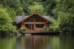 Serene log cabin retreat surrounded by lush greenery and tranquil waters in the morning light photo