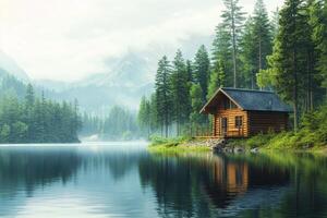 Serene log cabin retreat surrounded by lush greenery and tranquil waters in the morning light photo