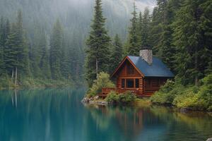 Serene log cabin retreat surrounded by lush greenery and tranquil waters in the morning light photo