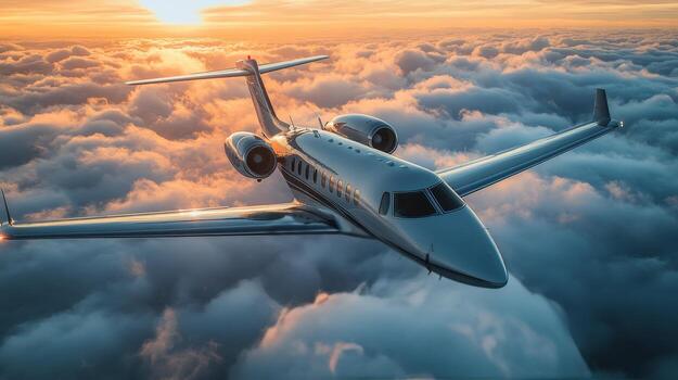 privado chorro volador encima el nubes durante un maravilloso puesta de sol terminado un escénico horizonte foto