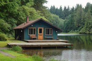 Serene log cabin retreat surrounded by lush greenery and tranquil waters in the morning light photo