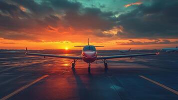 Private jet flying above the clouds during a stunning sunset over a scenic horizon photo