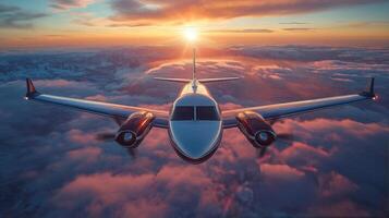 Private jet flying above the clouds during a stunning sunset over a scenic horizon photo