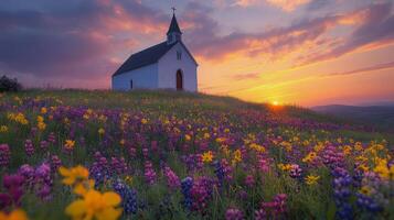 Charming small church surrounded by vibrant orange flowers in a tranquil valley during autumn photo