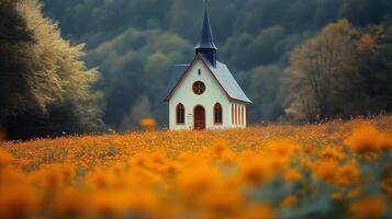 Charming small church surrounded by vibrant orange flowers in a tranquil valley during autumn photo