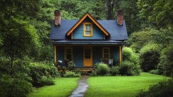 Charming blue house surrounded by lush greenery in a serene garden setting photo