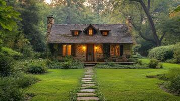 Charming blue house surrounded by lush greenery in a serene garden setting photo