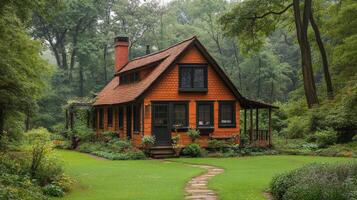 Charming blue house surrounded by lush greenery in a serene garden setting photo