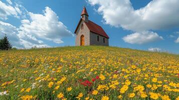 Charming small church surrounded by vibrant orange flowers in a tranquil valley during autumn photo