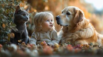 Child and two dogs enjoying nature on a peaceful afternoon in a garden setting photo