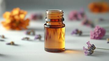 Essential oil bottle surrounded by lavender flowers on a soft pink background photo