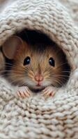 Cute small mouse peeking out from cozy knitted blanket on a chilly day in a warm indoor setting photo