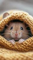Cute small mouse peeking out from cozy knitted blanket on a chilly day in a warm indoor setting photo