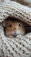 Cute small mouse peeking out from cozy knitted blanket on a chilly day in a warm indoor setting photo