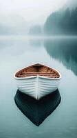 Tranquil wooden boat floating in serene foggy waters surrounded by lush forests photo