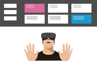 Man wearing VR glasses, hands up, touching the screen, doing data analysis vector